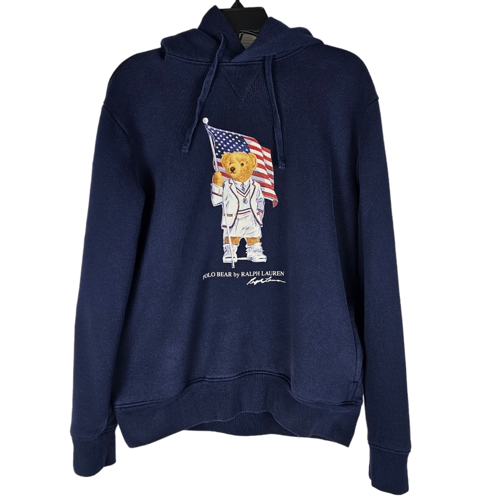 Polo Bear by Polo Ralph Lauren Blue Hoodie Sweatshirt USA Flag Men's Size Small